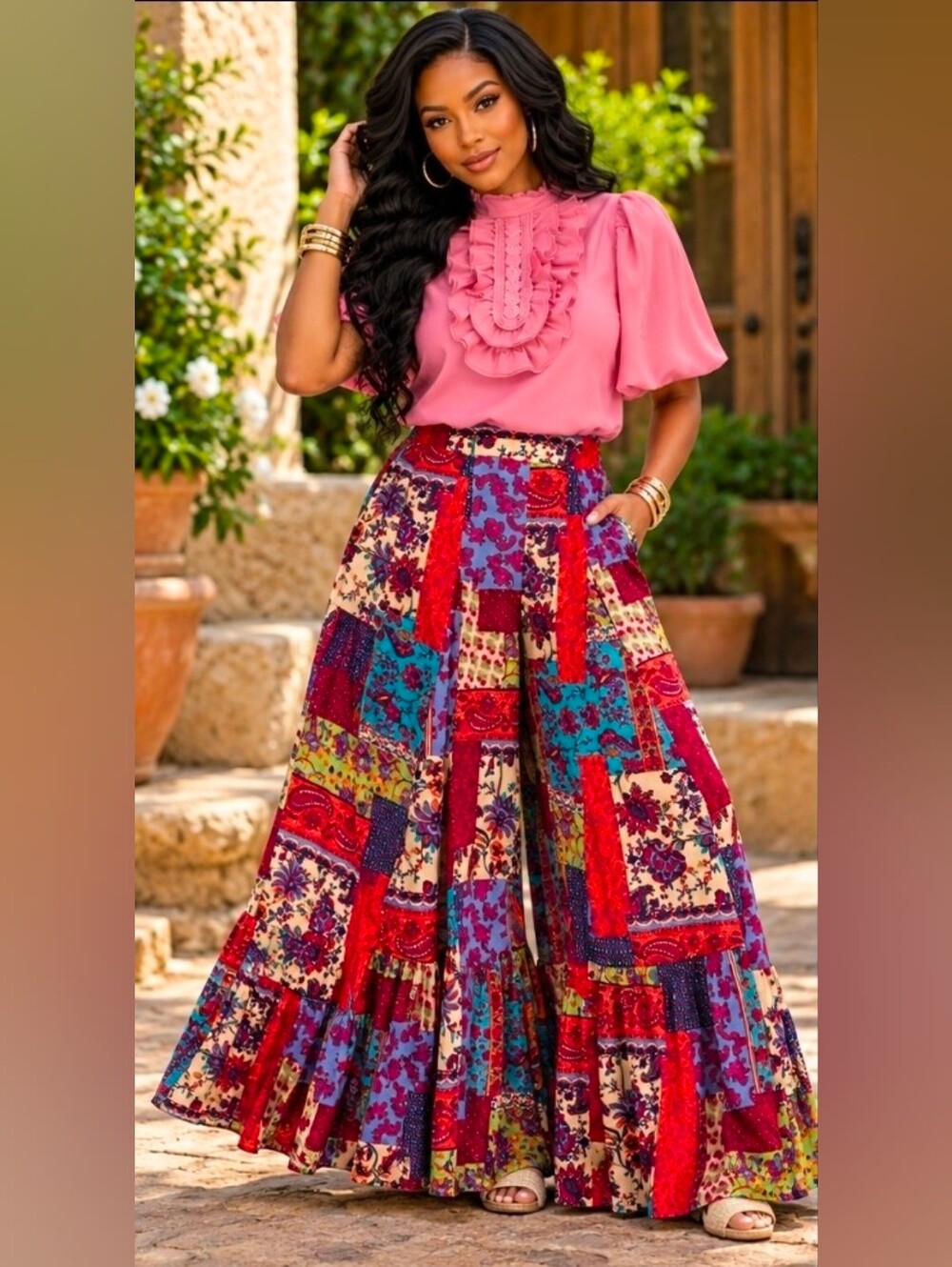 NEW!! Easel Boho Flowy Patchwork Wide-Leg Pants, NWT